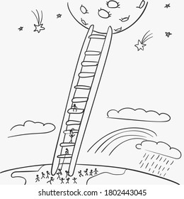 Stick figure people escaping from earth to moon climbing on ladder, Vector doodle, simple line drawing