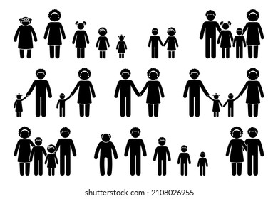 Stick figure people generation family vector icon illustration set. Stickman parents, kids, grandparents aging process silhouette pictogram on white