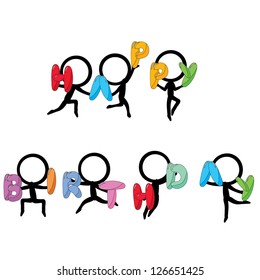 stick figure people holding happy birthday text