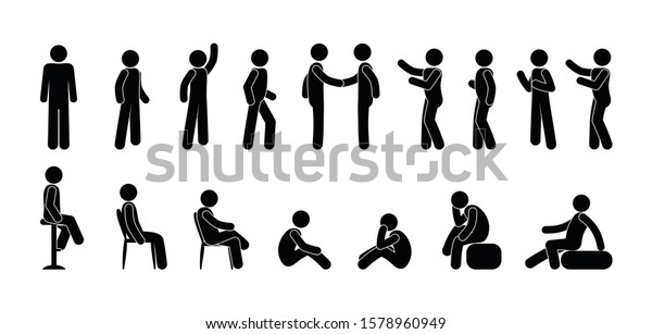 スティックフィギュア人のアイコンピクトグラム男性 分離型人間のシルエット 人が立つ 座る 行く のベクター画像素材 ロイヤリティフリー 1578960949