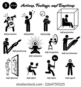 Stick figure people man action and emotions icons alphabet S. Self, promotion, publish, qualify, quarantine, questioning, realization, recognition, recrimination, reference, reflect, refute, regard.