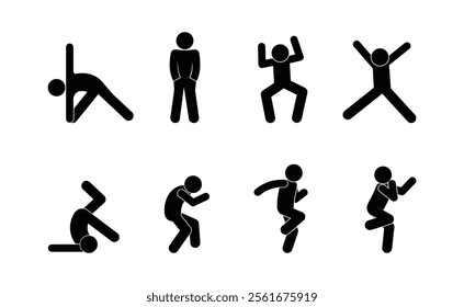 stick figure people pictogram, set of human silhouettes, man icon, various poses, gestures and movements