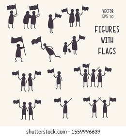 Stick Figure People Set with Waving Flag. Hand Drawn Isolated Human Doodle Icon Motif. Clip Art Element. Black White Flat Color. Encouragement, Support, Helping Hand Concept. Pictogram Vector EPS 10