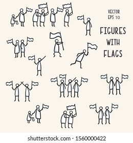 Stick Figure People Set with Waving Flag. Hand Drawn Isolated Human Doodle Icon Motif. Clip Art Element. Black White Flat Color. Encouragement, Support, Helping Hand Concept. Pictogram Vector EPS 10