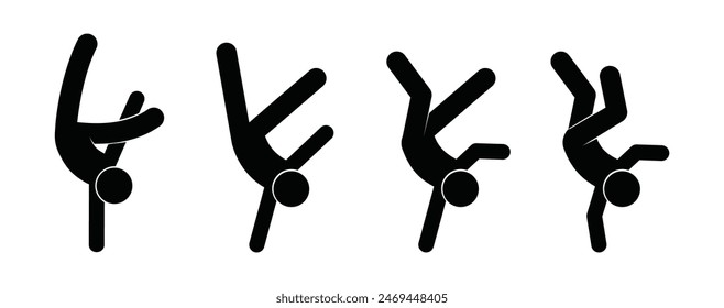 stick figure people standing upside down, acrobatic act on hands, cheerful man