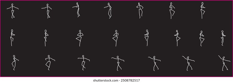 Stick figure performing a pirouette, drawn in white chalk on a black chalkboard background. Ideal for educational or dance-themed projects. Available in .eps format for easy customization