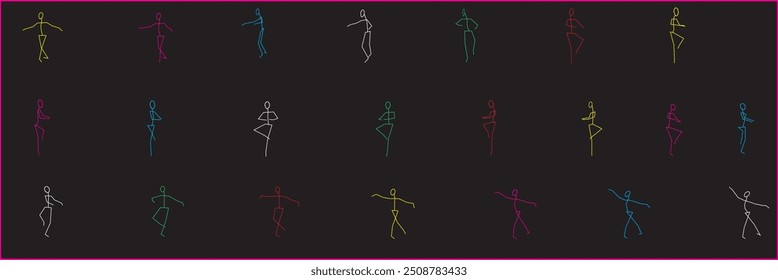 Stick figure performing a pirouette in vibrant multicolored neon style. Ideal for dynamic, modern designs and dance projects. Available in .eps format for versatile, high-resolution vector use