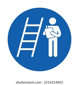 Stick figure of a person conduct safety inspection for straight ladder vector illustration. Industrial standard and procedure for periodical checking.