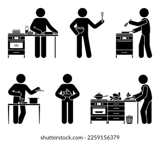 Stick figure person cooking at home kitchen vector set. Man baking pie, frying, pouring soup, cutting with knife icon