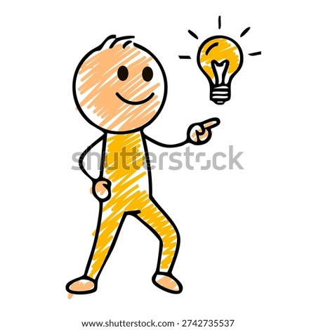 stick figure person pointing at shining light bulb representing genius creative idea