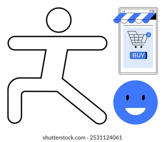 Persona de figura de palo posando enérgicamente cerca de un teléfono inteligente con el ícono del Carrito de compras y el Botón de compra. Cara azul sonriente simboliza la felicidad. Ideal para comercio electrónico, fitness, tecnología, felicidad