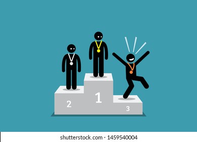 The stick figure person in third place is happier than the people in the first and second place. Vector artwork concept depicts state of mind, happiness, choose to be happy, positive, and grateful.