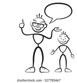 Stick figure persona man with child and speech bubble
