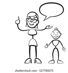 Stick figure persona woman with child and speech bubble, Stickman vector drawing on white background