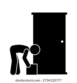 Stick figure picking up package at door.
