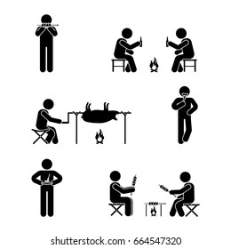Stick figure picnic set. Vector illustration of barbecue position pictogram