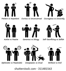 Stick Figure Pictogram Icons depicting Human Personalities, Opposite Values, Positive vs Negative