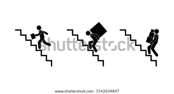 人々が階段を駆け上がるスティックフィギュアの絵文字 歩く人のアイコン 人間の孤立したキャラクター 人間のシルエット ステップのアイコン のベクター画像素材 ロイヤリティフリー