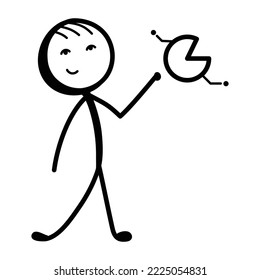 Stick figure with pir chart, doodle icon of data analyst 