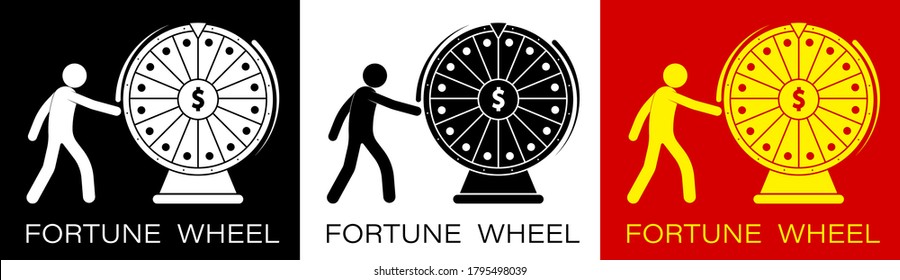 stick figure, player spins the wheel of fortune with a dollar sign in the center. Luck, casino and gambling. Spin the roulette, try your luck. Minimalistic vector