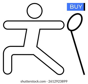Stick figure playing badminton with racket, blue BUY button above. Ideal for sports shops, online shopping, health promotion, exercise programs, fitness apps, marketing, active lifestyle. Line