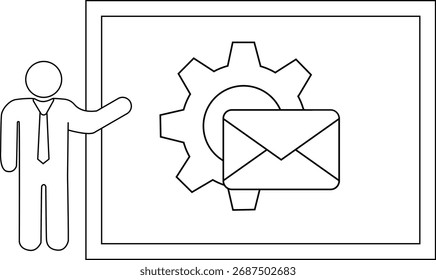 Figura de palito apontando para uma placa com um ícone de engrenagem e envelope