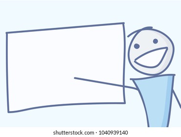 Stick figure pointing at empty board. Vector illustration for presentations of different concepts