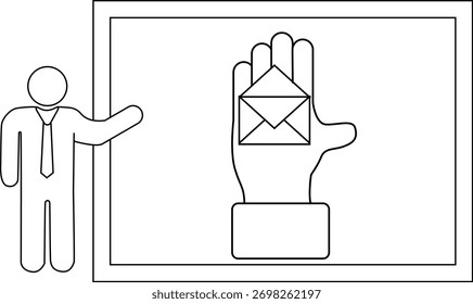 Figura de palitos apontando para uma mão com moldura segurando uma letra