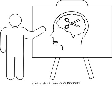 Una figura de palo apunta a un dibujo cerebral con tijeras en un caballete