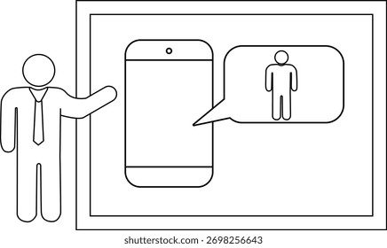 Uma figura de palito aponta para uma imagem emoldurada com um telefone e bolha de mensagem com uma figura de palito dentro