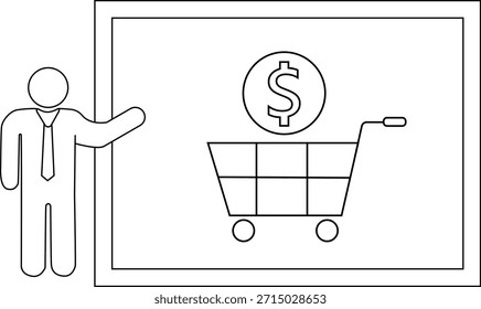 Una figura de palo apunta a una Imagen enmarcada de una moneda de un dólar sobre un Carrito de compras sobre un fondo liso