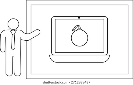 Stick figura apunta a la pantalla del ordenador portátil que muestra la bomba en la pantalla enmarcada