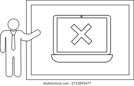 Una figura de palo apunta a una pantalla de computadora portátil que tiene una marca X dentro de un área enmarcada