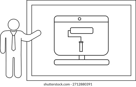 Uma figura de palito aponta para uma tela mostrando um cilindro de pintura, tudo dentro de um quadro retangular