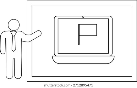 Uma figura de palito aponta para uma tela mostrando um sinalizador em um quadro retangular