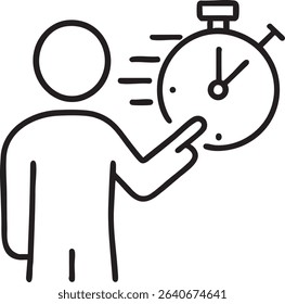 A stick figure points to a stopwatch, symbolizing time management, deadlines, or urgency, in a minimalist black and white line drawing.