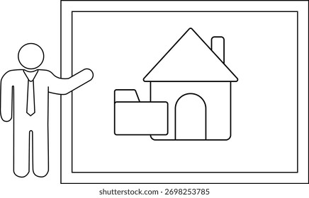 Stick figure points to a whiteboard displaying a house icon with an adjacent folder
