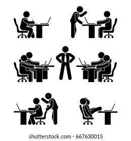 Stick figure poses set. Business finance chart person pc icon. Employee solution vector pictogram
