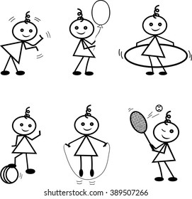 Stick figure positions set vector. Part 1 (claps, keeps a hot air balloon, spin the Hoop
, playing ball, jump rope, play tennis)