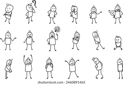 Stick figure positive negative emotions hand drawn line art mood body language doodle art 