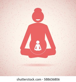Stick figure. Pregnant woman and her baby doing yoga pose lotus. Vector illustration.