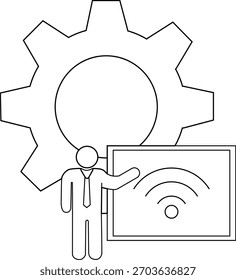 Stick Figur präsentieren durch Bildschirm mit WiFi-Signal Getriebe hinter