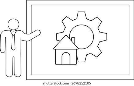 A stick figure presenter points to a frame of a house inside a gear
