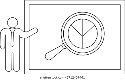 Um apresentador de figura de palito aponta para um gráfico de pizza sob uma lupa exibida em um quadro branco