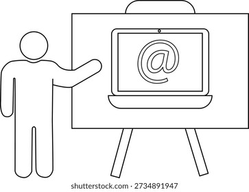 Stick figure presenting atsign on laptop screen atop stand