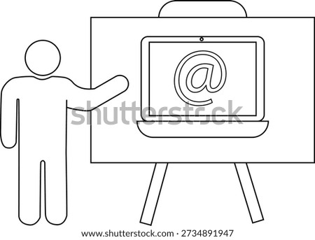 Stick figure presenting atsign on laptop screen atop stand