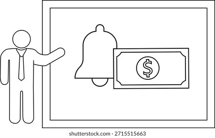 Stick figure presenting a bell and dollar bill depicted on a rectangular board