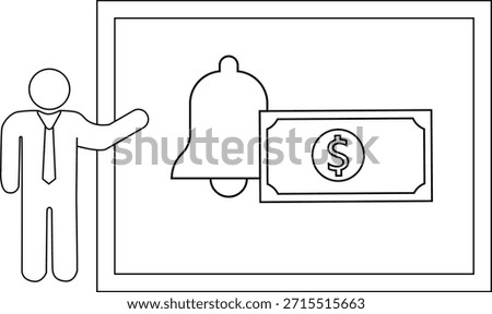 Stick figure presenting a bell and dollar bill depicted on a rectangular board