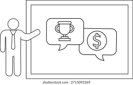 Fixe figura apresentando placa com troféu e dinheiro bolhas de fala