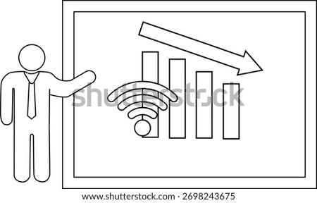 Stick figure presenting a graph showing declining wifi signal strength with a downward pointing arrow contained within a frame